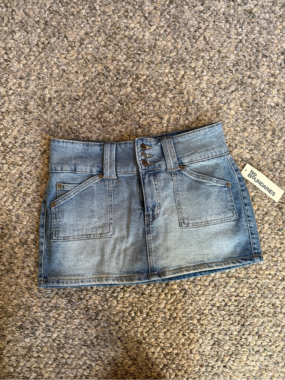 No Boundaries Faded Blue Denim Mini Skirt with Triple-Button Waist